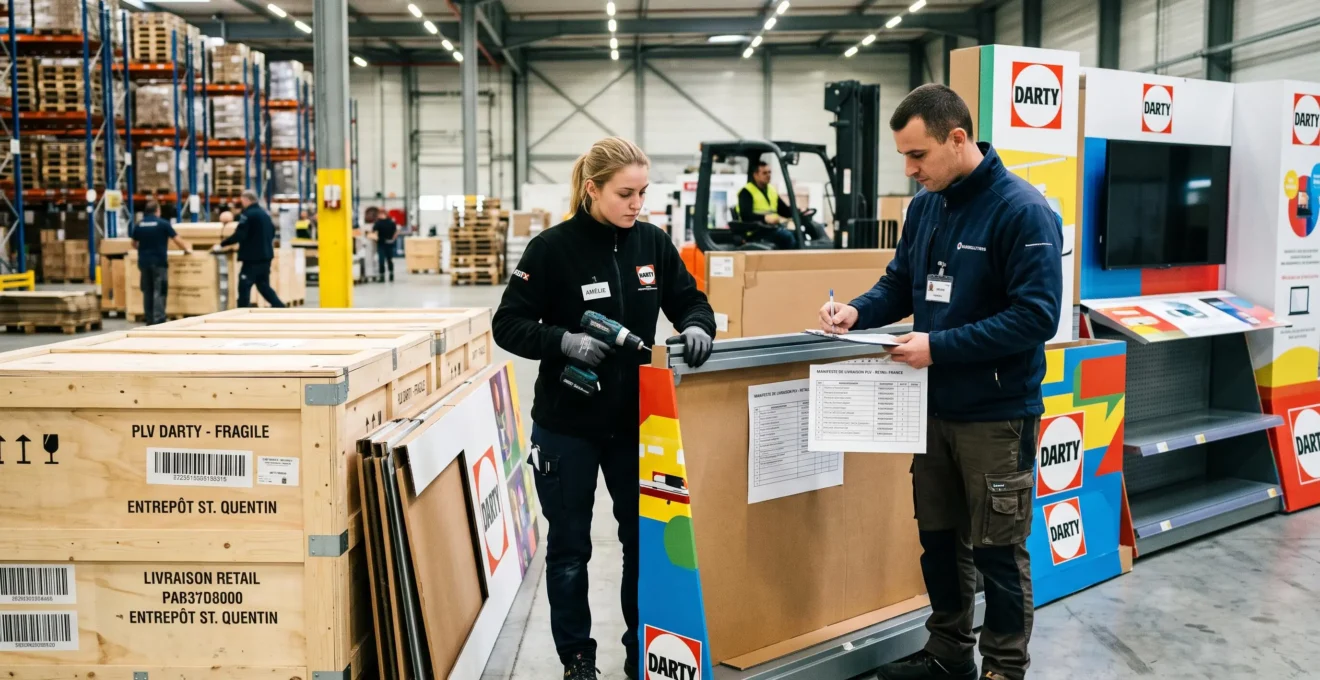 Deux techniciens gèrent la logistique de livraison d'un point de vente PLV dans un entrepôt.