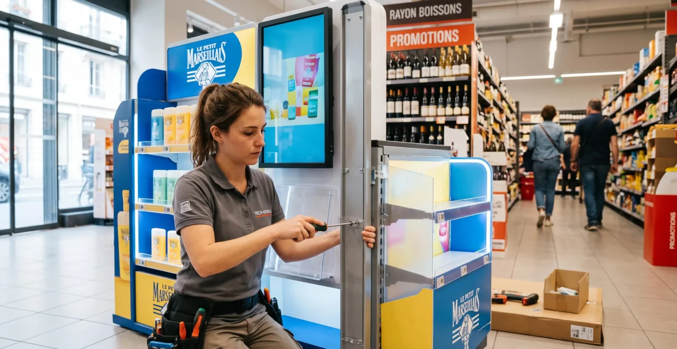 Technicien installant un dispositif PLV dans l'allée d'un point de vente français.
