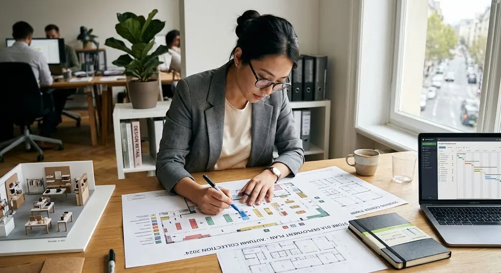 Un coordinateur examine des plans de déploiement de PLV sur une table de bureau.